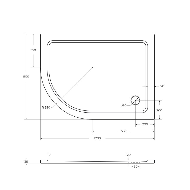 Поддон из SMC (стекловолокно) 120х90 правосторонний Cezares TRAY-M-RH-120/90-550-35-W-R без сифона