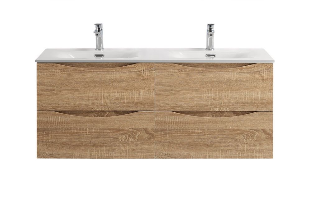 Тумба с раковиной подвесная BelBagno MARINO-CER-N-1200-4C-SO-WO-P Rovere Bianco, раковина белая BB-8099-120-2 с 2-я чашами