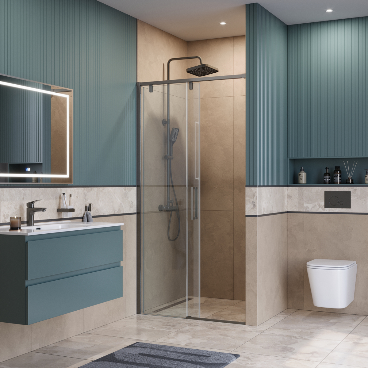 Душевая дверь шириной 110см BelBagno SOFT_CLOSE-1-BF-1-110-C-GM профиль оружейная сталь, стекло прозрачное