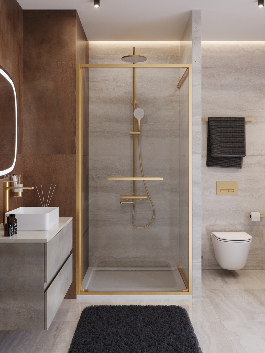 купить Душевая дверь Cezares LUX-B-FS-1-100-C-BORO, 100х195, профиль брашированное золото, стекло прозрачное 