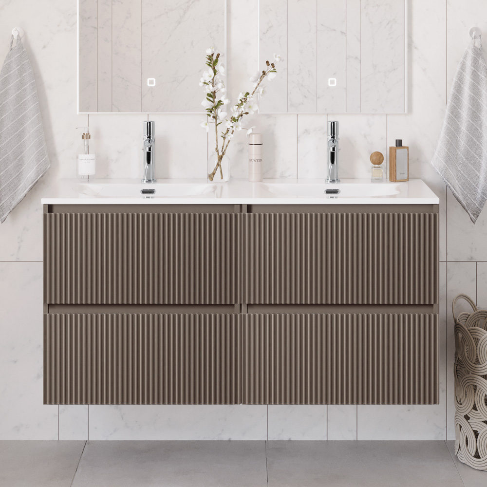 купить Тумба с раковиной подвесная BelBagno UNO-1200-4C-SO-СO Бежевый матовый, раковина белая BB-8099-120-2 с 2-я чашами 
