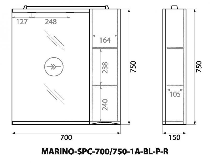 Зеркальный шкаф правосторонний BelBagno MARINO-SPC-700/750-1A-BL-P-R