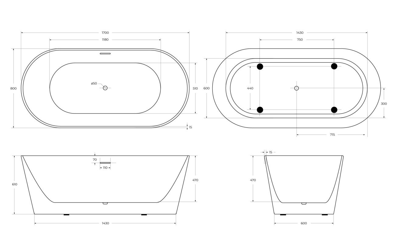 Ванна акриловая отдельностоящая BelBagno BB416-1700-800