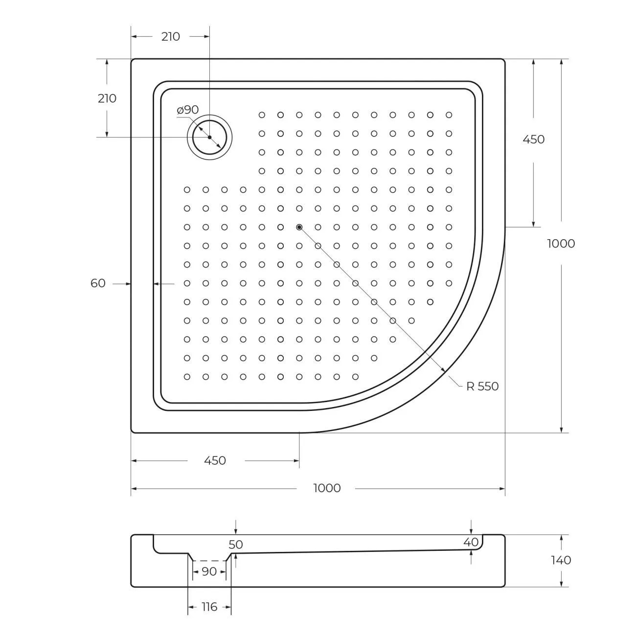 Акриловый поддон 100х100 Cezares TRAY-A-R-100-550-15-W0 без сифона