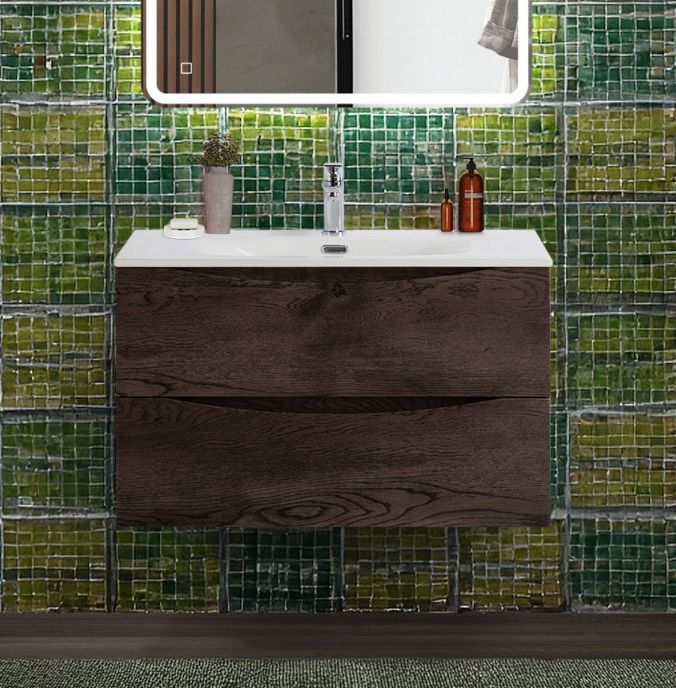 Тумба с раковиной подвесная BelBagno MARINO-CER-N-900-2C-SO-RNG-P Rovere Nature Grigio, раковина белая BB-8099-90