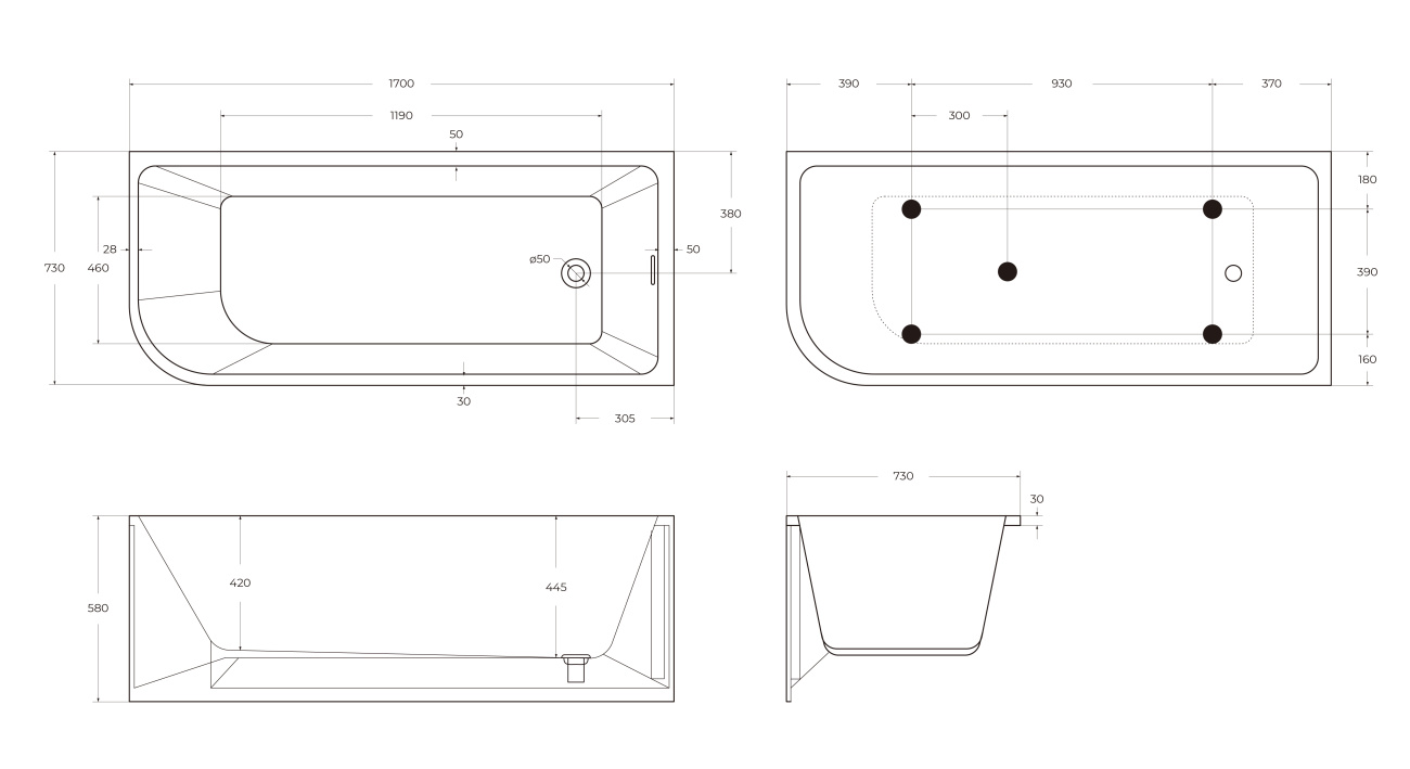 Асимметричная угловая акриловая ванна BelBagno BB712-1700-730-R