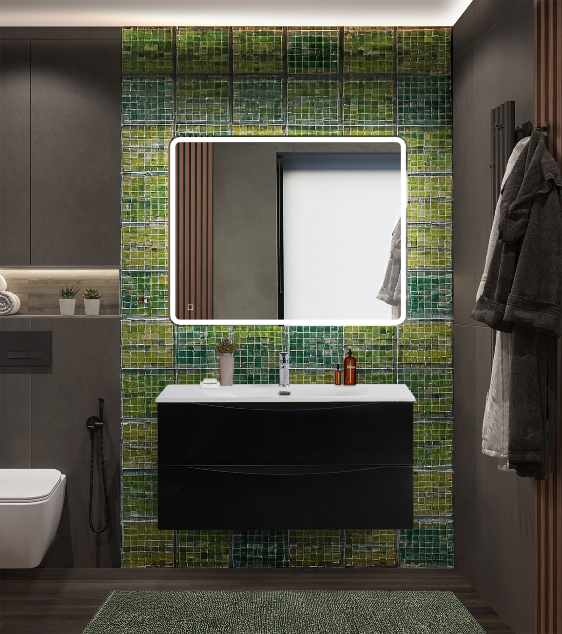 Тумба с раковиной подвесная BelBagno MARINO-CER-N-1000-2C-SO-NL-P Nero Lucido, раковина белая BB-8099-100