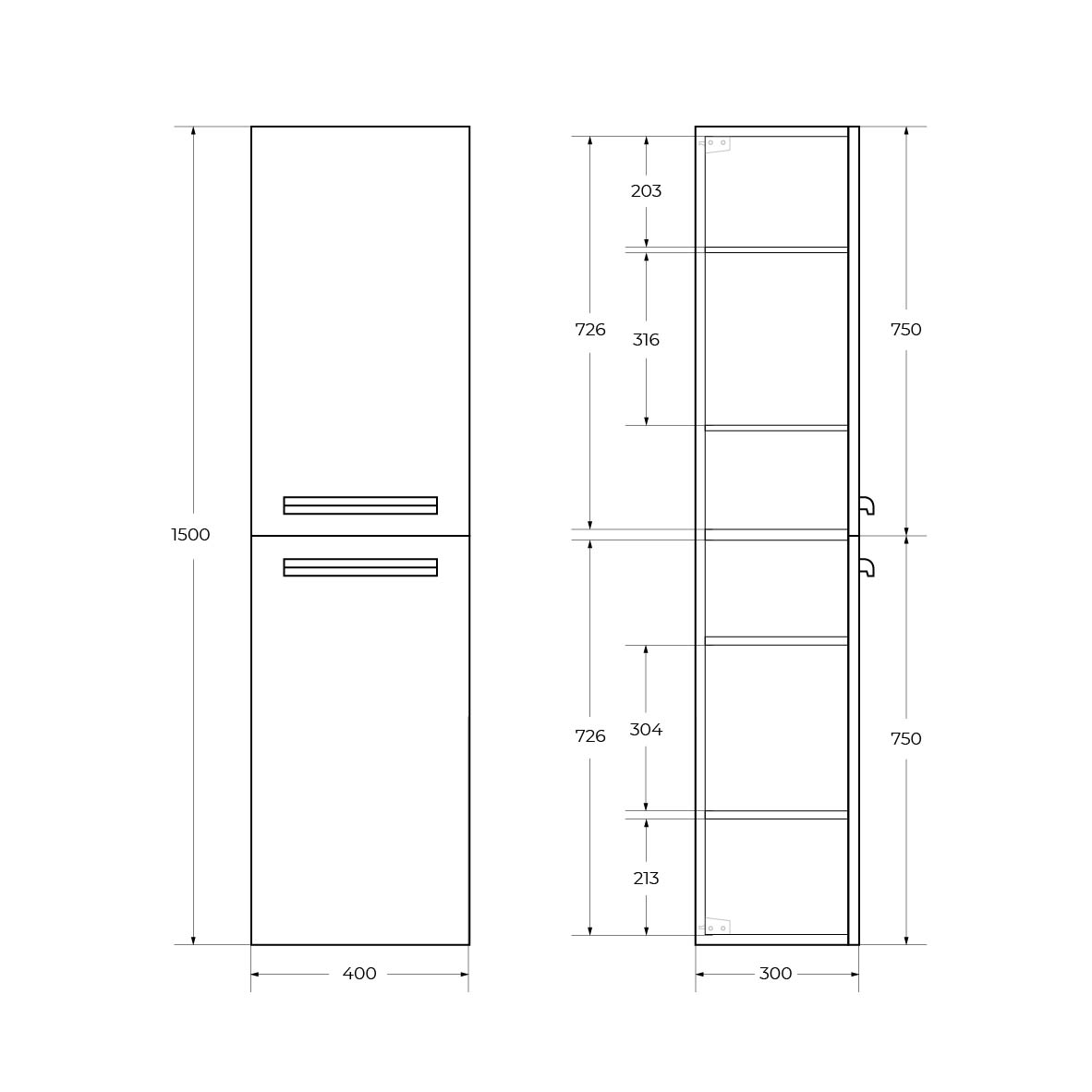 Пенал подвесной Cezares ECO-1500-2A-SC-BL белый глянец с ручками RS156SG.3/96 cатиновое золото