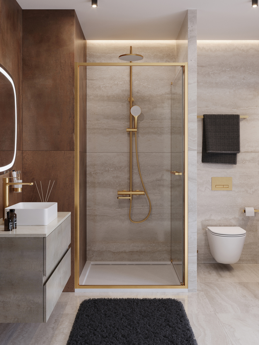 Душевая дверь Cezares LUX-B-FS-1-90-C-BORO, 90х195, профиль брашированное золото, стекло прозрачное