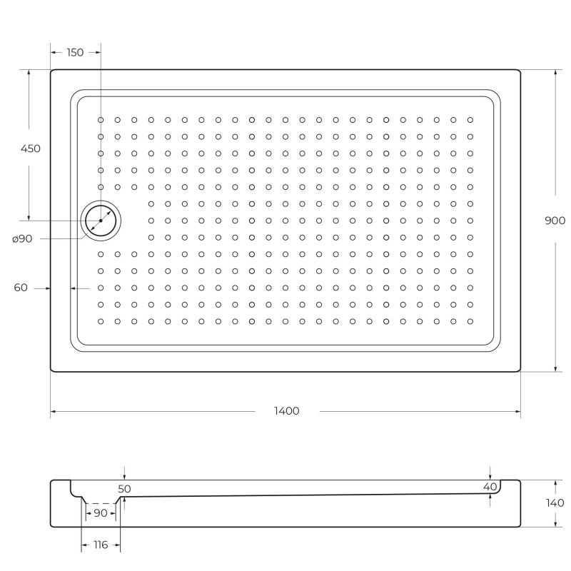 Поддон акриловый 140х90 Cezares TRAY-A-AH-140/90-15-W с сифоном