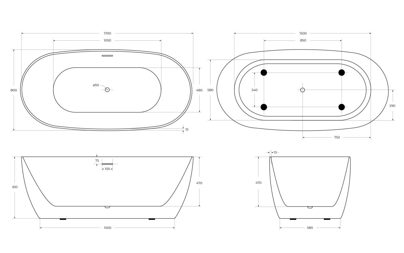 Ванна акриловая отдельностоящая BelBagno BB415-1700-800