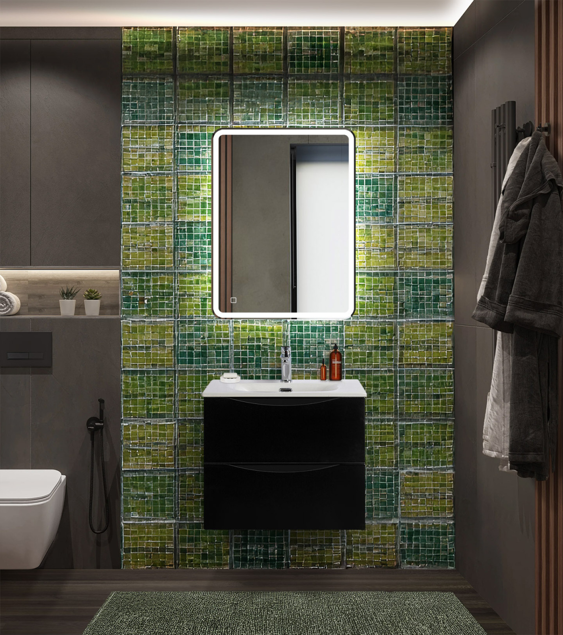 Тумба с раковиной подвесная BelBagno MARINO-CER-N-600-2C-SO-NL-P Nero Lucido, раковина белая BB-8099-60