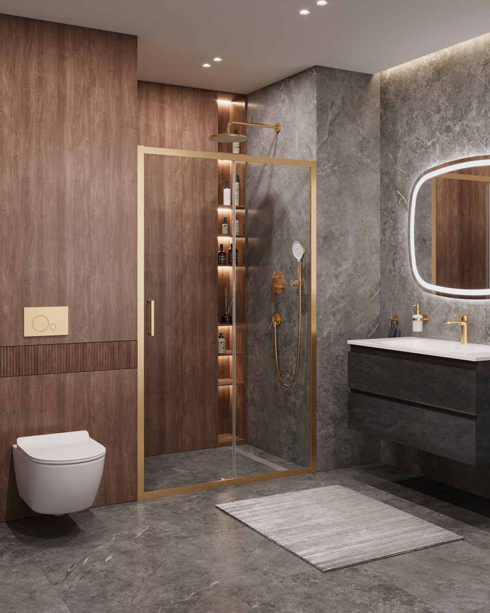 Душевая дверь Cezares MOLVENO-BF-1-160-C-BORO-IV, 160х195, профиль брашированное золото, прозрачное стекло