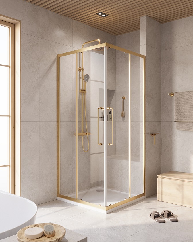Душевой уголок Cezares RELAX-304-A-2-100-C-BORO, 100х100х200, профиль брашированное золото, прозрачное стекло