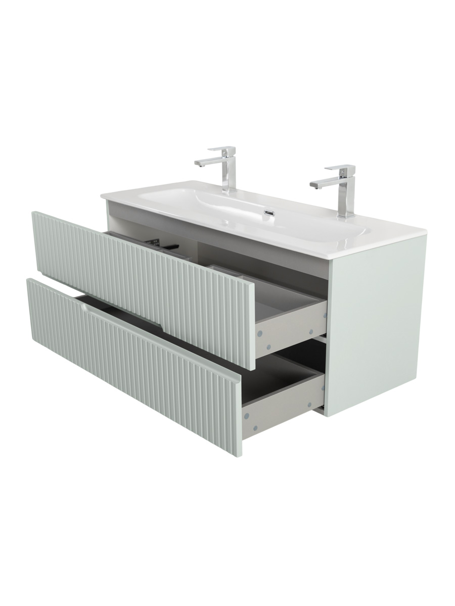 Тумба подвесная CEZARES DUET-N-1200-2C-SO-VPR-P с раковиной CZR-8073-120-1-2 с двумя отверстиями для смесителей, зеленый жемчужный