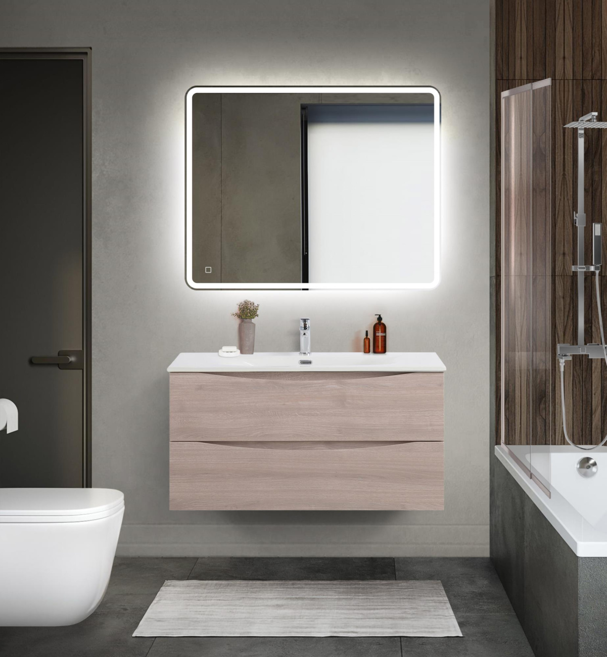 Тумба с раковиной подвесная BelBagno MARINO-CER-MINI-1000-2C-SO-RG-P Rovere Grigio, раковина белая BB-8099-3-100