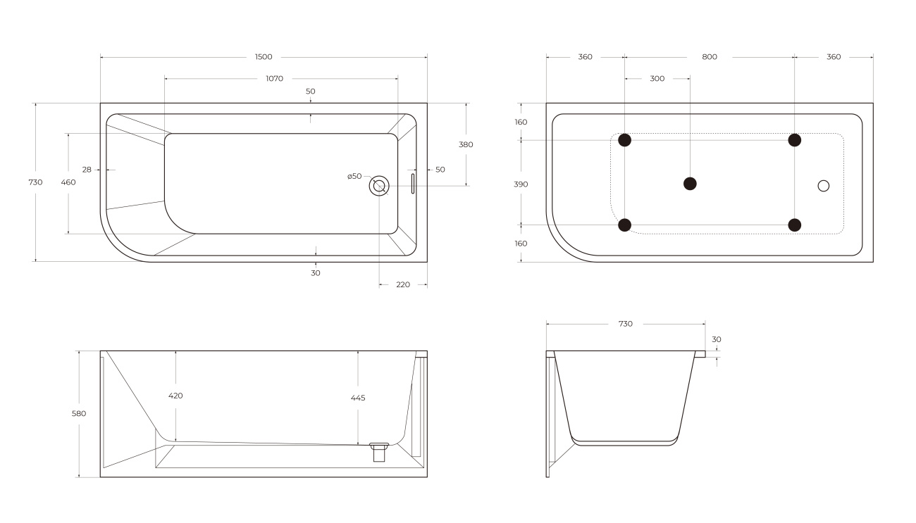 Асимметричная угловая акриловая ванна  BelBagno BB712-1500-730-R